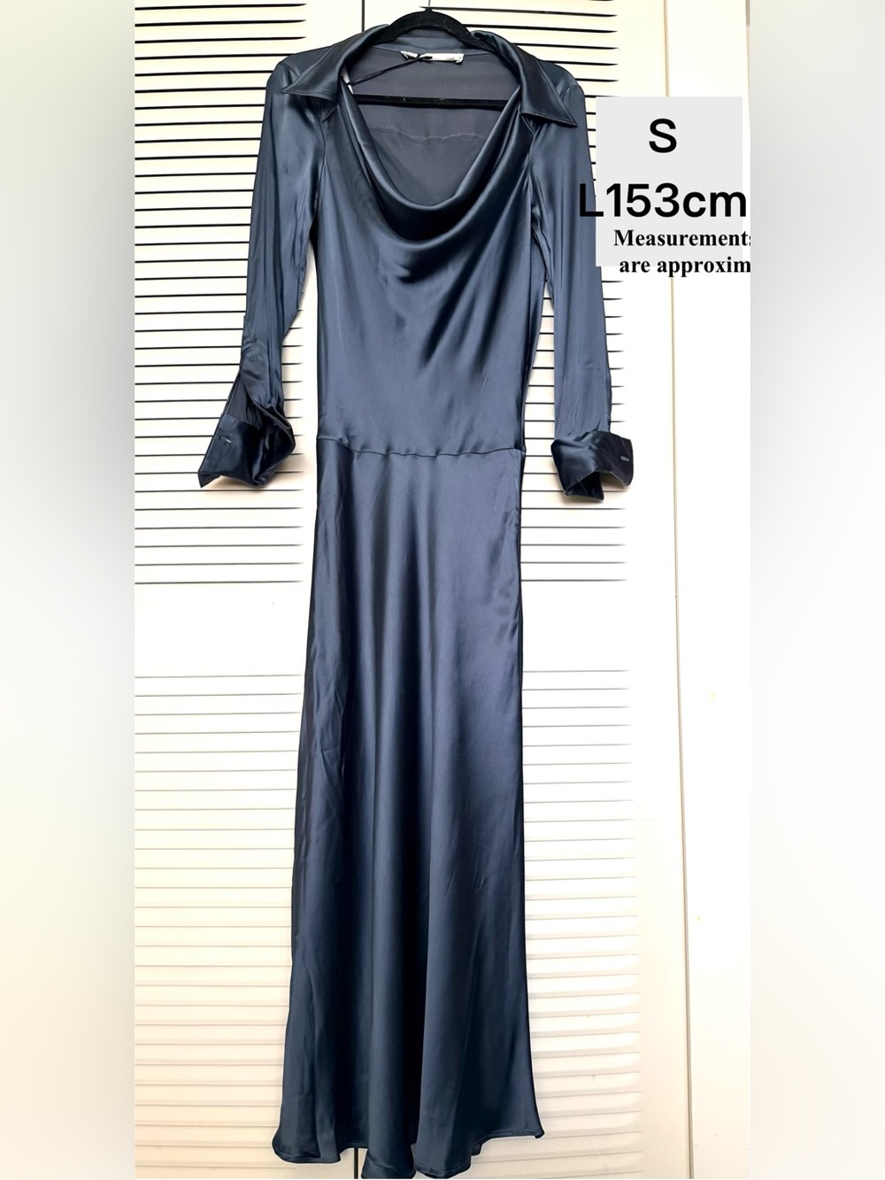 Zara Navy Satin Cowl-Neck Long Sleeve Maxi Dress
